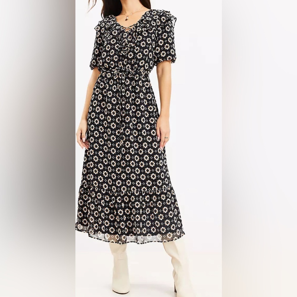Loft Midi Dress, Geometric Design, Lined.
Lots of Ruffles 
Excellent Condition.